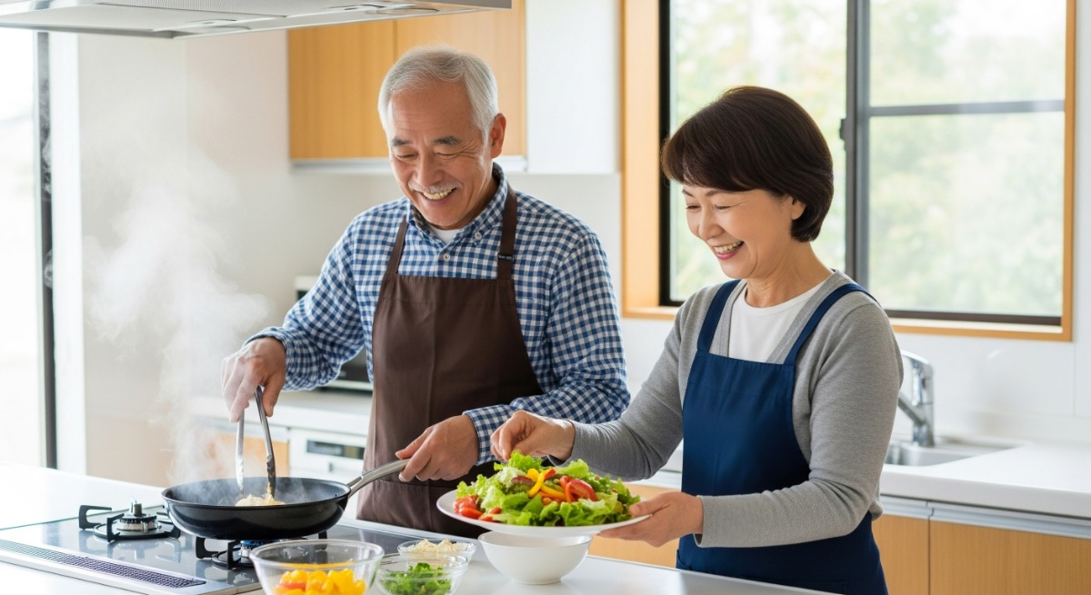楽しそうに食事を作っているシニア夫婦