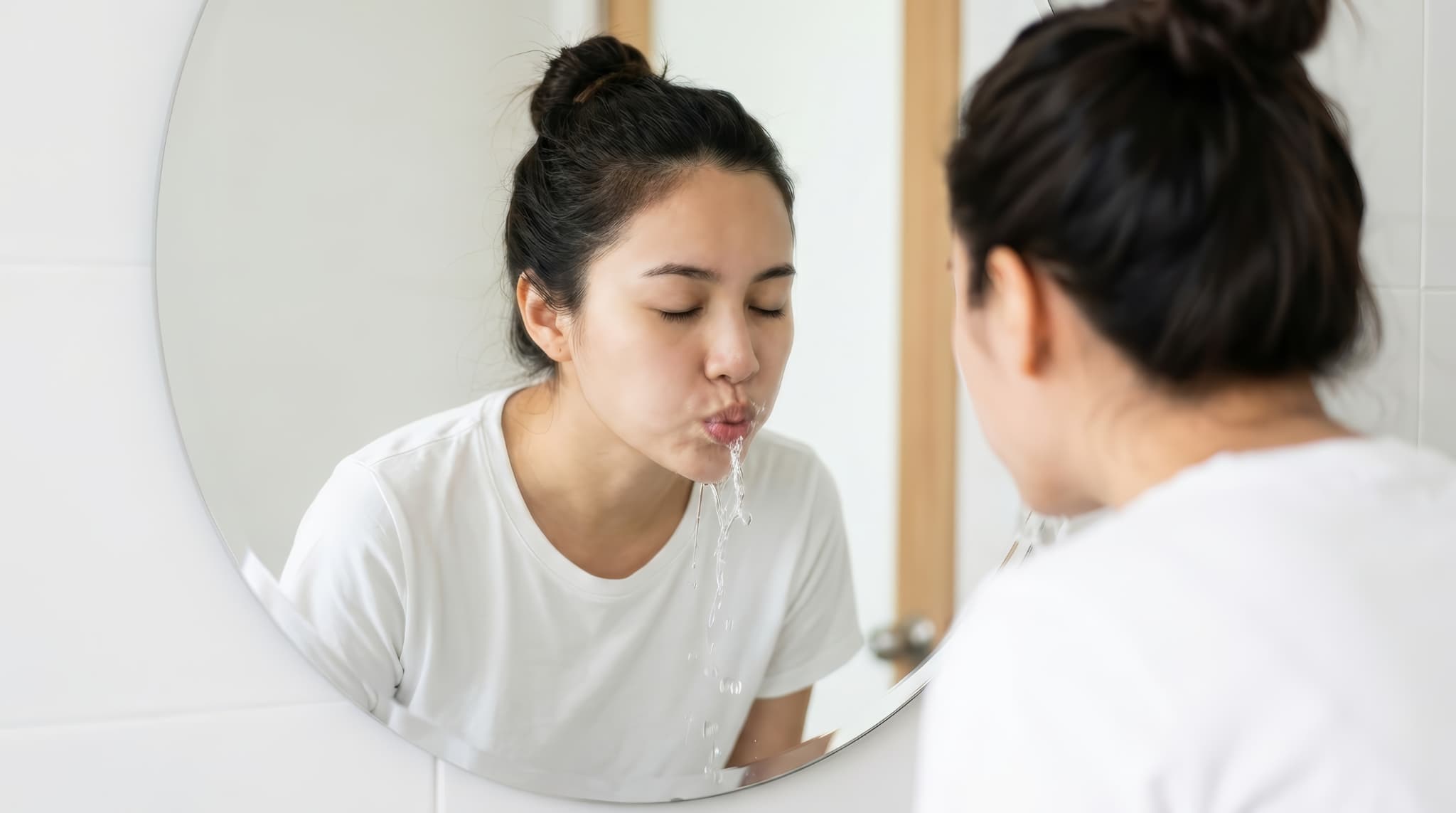 食後に水で口をすすいでお口を清潔に保つ女性