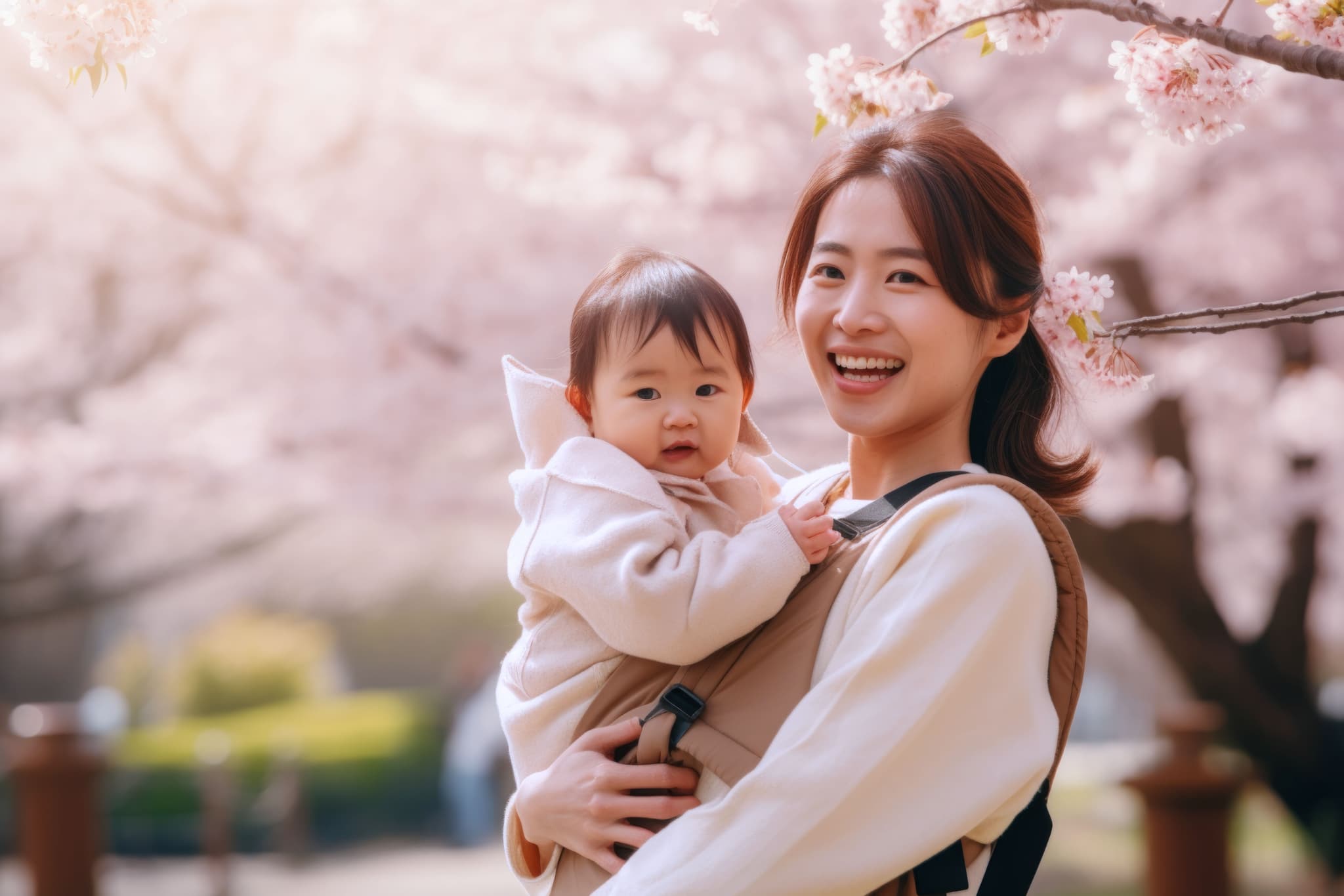 妊娠中にインビザライン矯正を受けて歯並びが整った女性が無事に出産して桜の下で赤ちゃんを抱いているイメージ