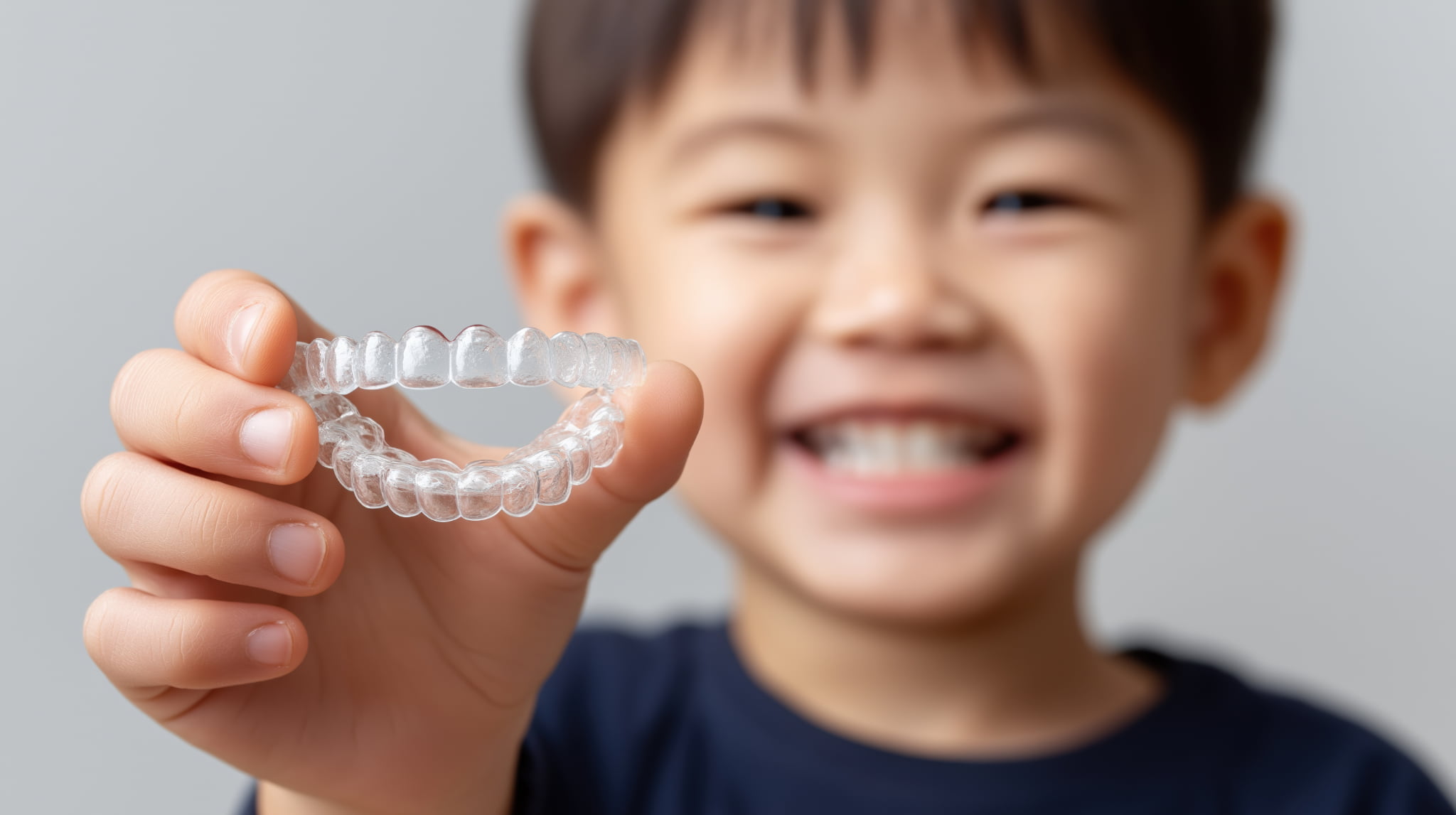 インビザライン・ファーストのマウスピースを手に持って見せる笑顔の子ども
